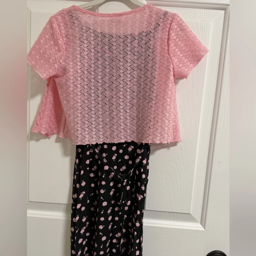 Self Esteem Pink Crochet‎ Bolero with Black Floral Dress Set, Size 7-8